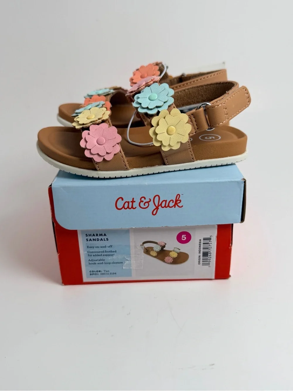 Cat & Jack Tan Sandals with Pastel Flower Appliqués